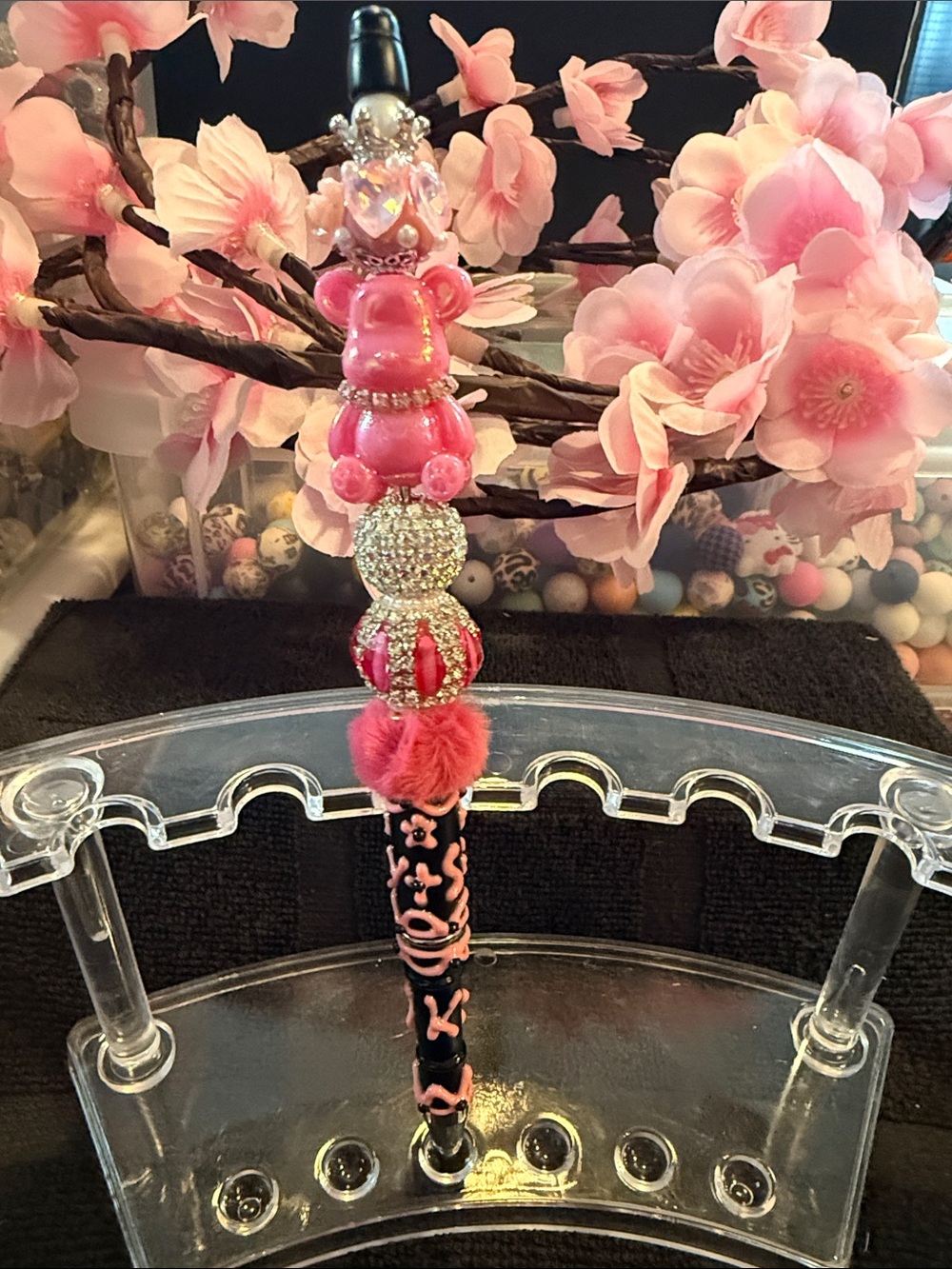 Handcrafted Pink Decorative Beaded Pen - Elegant Floral Accent
